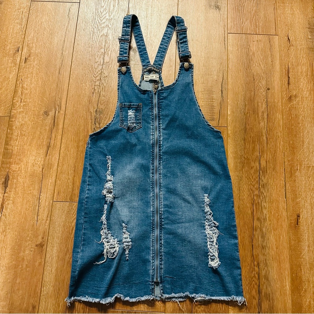 Mini Dress - Juniors Large- Zipper Front/ Denim Distressed Details - Picture 3 of 10